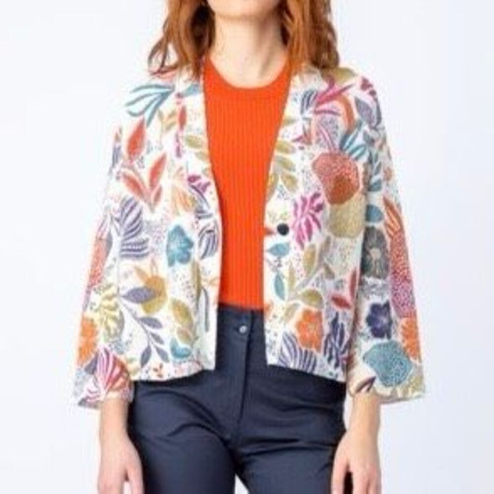IVKO Cardigan Floral Sea Plants Motif Pink Blue Cream